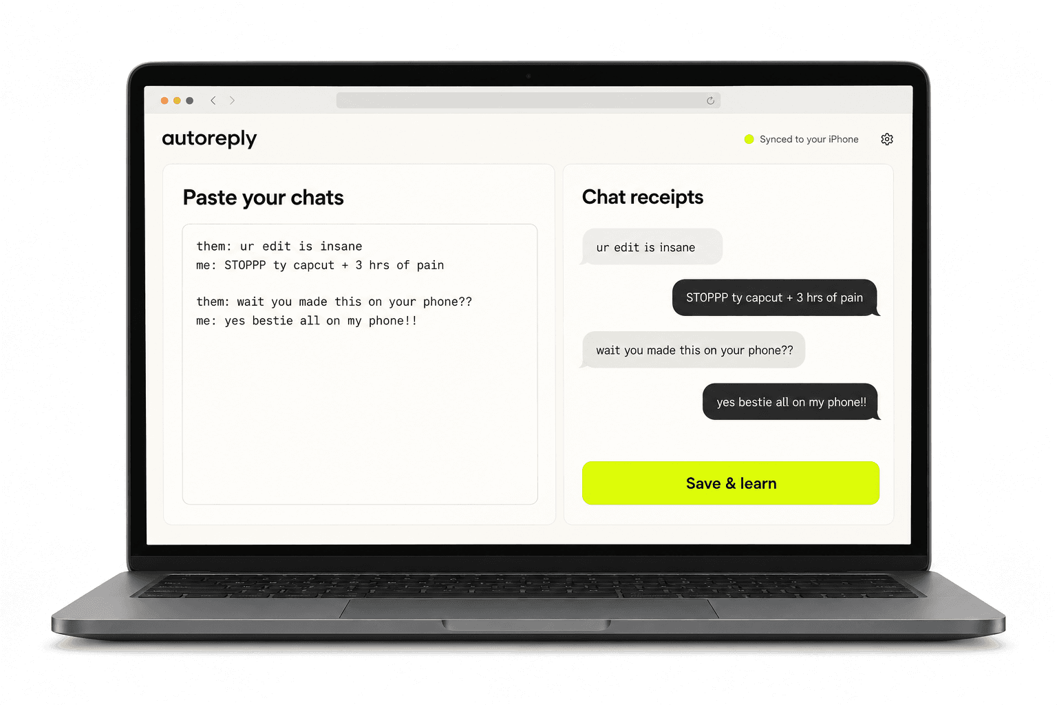 The AutoReply web dashboard with pasted chats and a Save and learn button