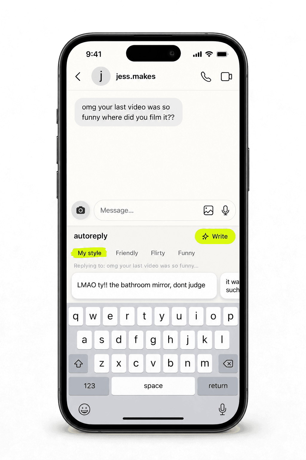 The AutoReply keyboard under a DM, suggesting a reply in the user's own style