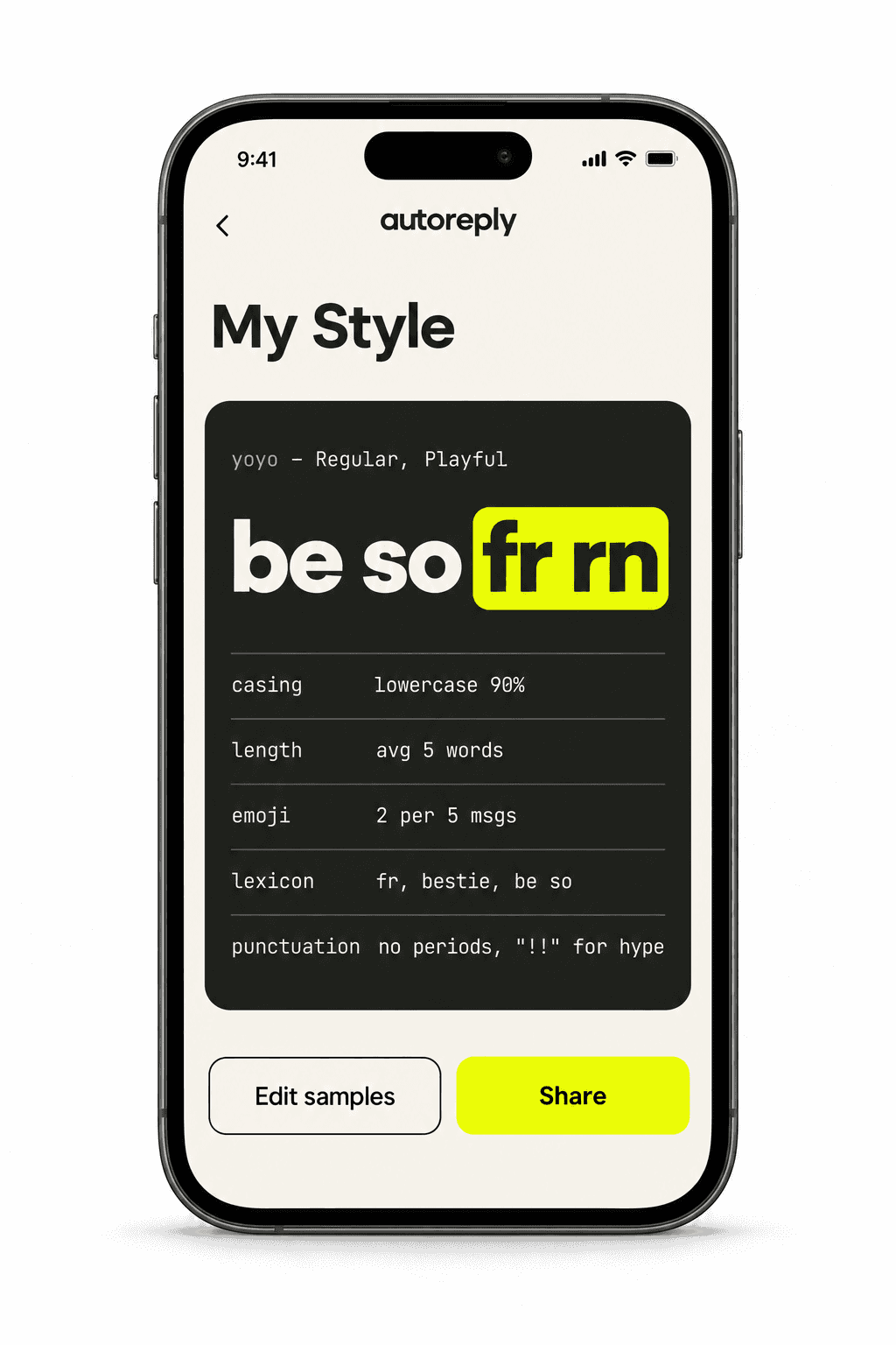 My Style screen showing the user's texting voice as a type specimen